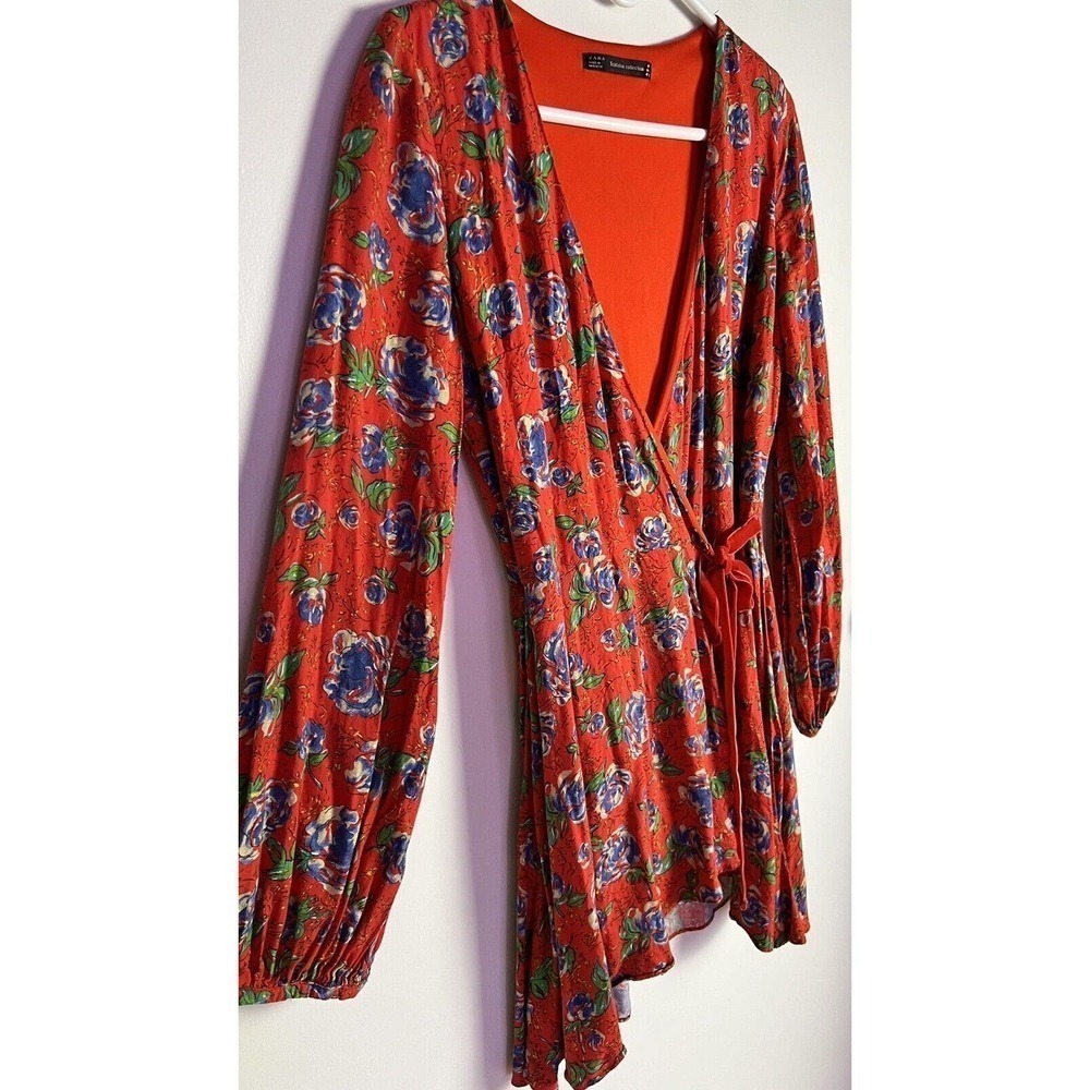 Zara Women Sz S Red‎ Floral Print Long Sleeve V-neck Crossover Mini Romper Dress - Picture 6 of 12
